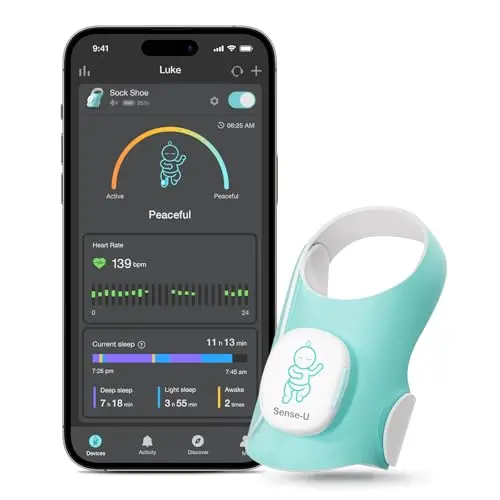 Sense-U Smart Sock Shoe baby monitor in turquoise on foot