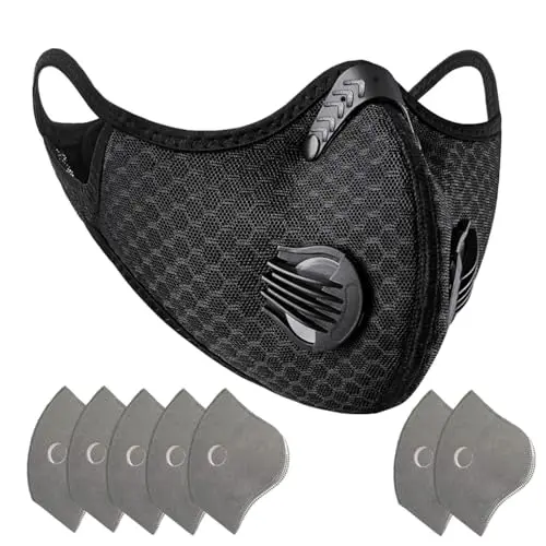 Black reusable face mask with ear loops and a valve
