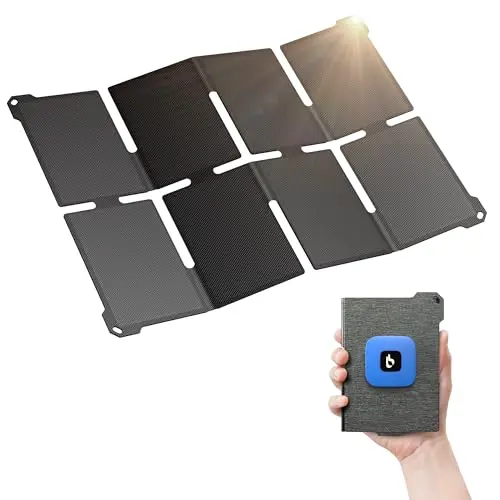 BigBlue Ultra-Light 25W grey solar panel folded and attached to a backpack with a carabiner