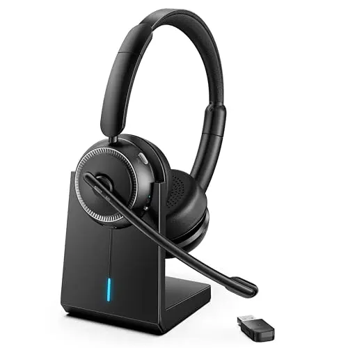 Angteela wireless headset with flip-to-mute microphone on a charging base