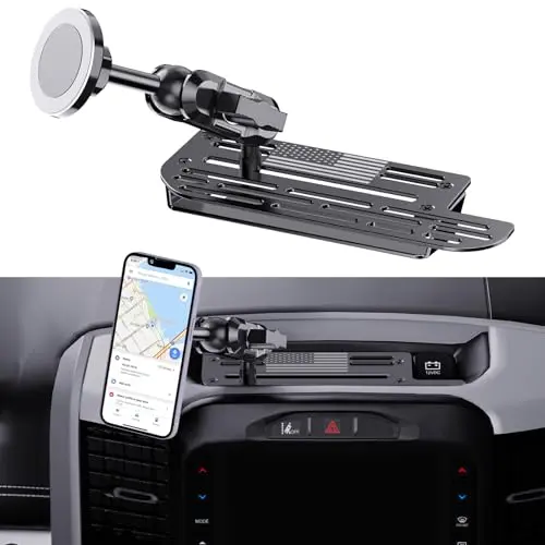 SwiftGaze stainless steel phone mount with American flag design and dual magnetic/clamp heads.
