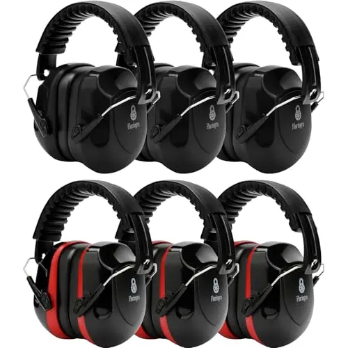 Floriogra six-pack of noise reduction ear muffs in black and red, folded in a carrying bag
