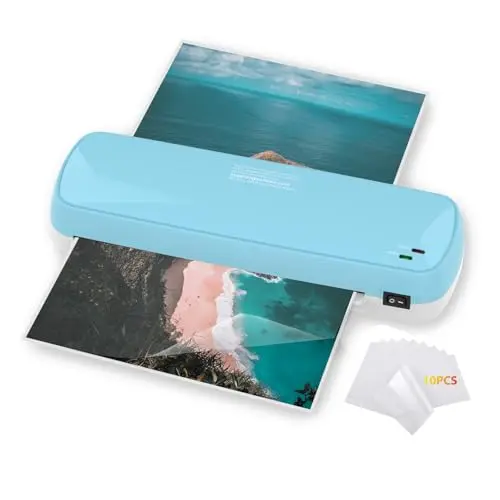 Small blue Suntiko laminator machine with a pack of laminating sheets