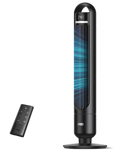 DREO slim black tower fan with a minimalist design