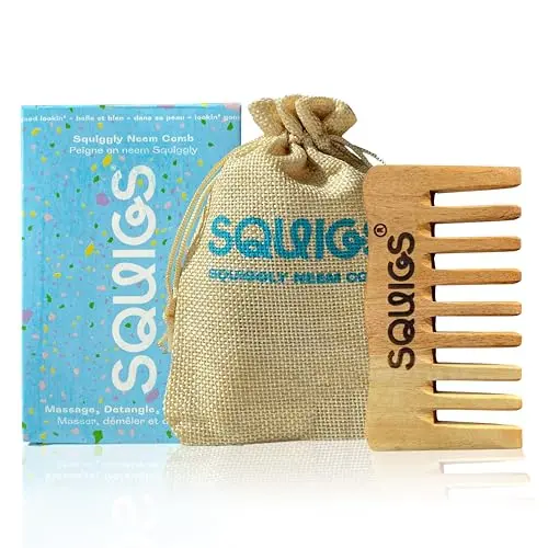 SQUIGS Beauty handcrafted neem wooden comb, pocket-sized with wide teeth, presented in a reusable jute bag.
