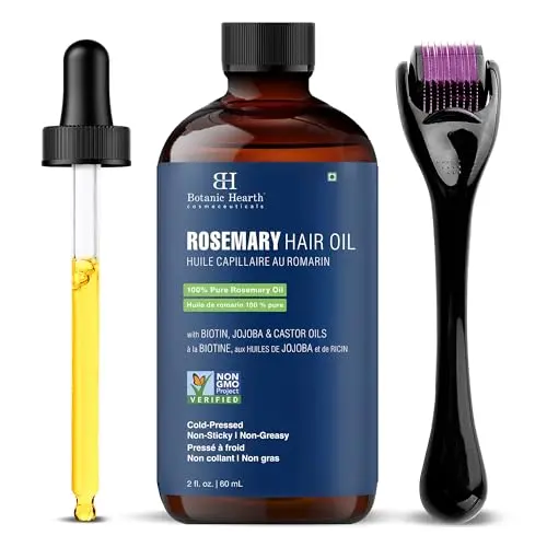 Botanic Hearth Hair Growth Oil bottle with included derma roller on a wooden surface