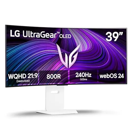 LG 39-inch Ultragear OLED curved gaming monitor on a desk
