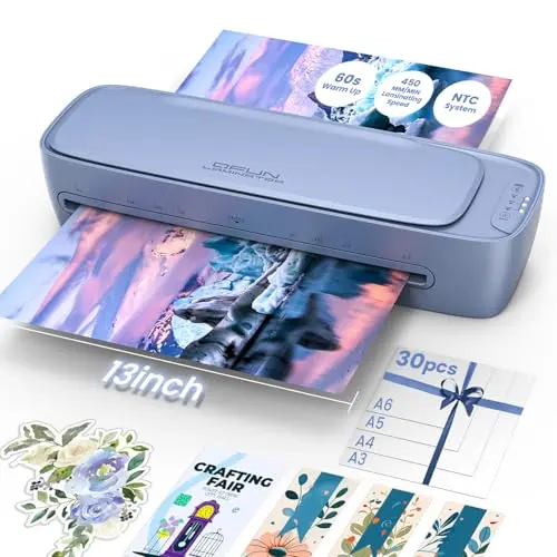Blue Qfun 13-inch laminator machine with a starter kit of sheets and accessories