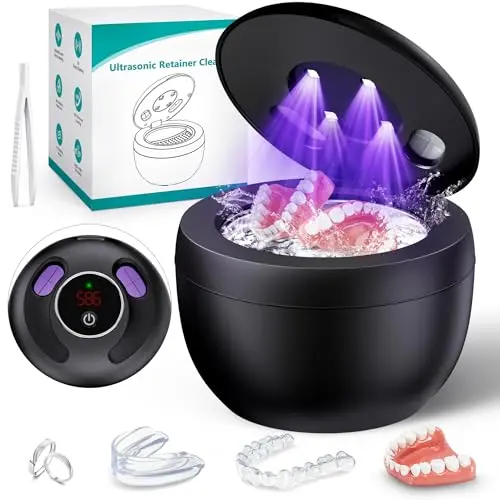 MUAYSY black ultrasonic denture cleaner with dual-hole lid