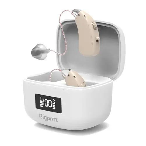 Bigprot M802 behind-the-ear rechargeable hearing aids in a charging case