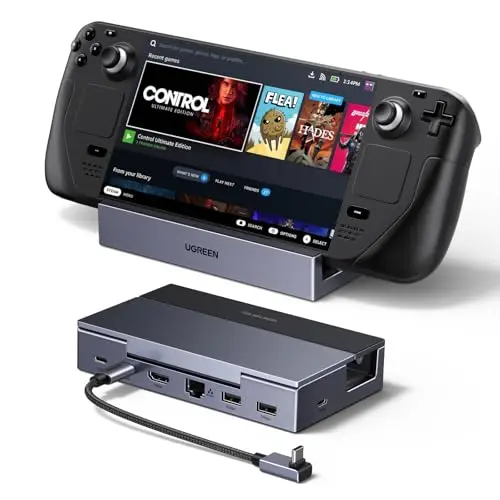 UGREEN Steam Deck Dock showing its foldable aluminum stand and array of ports including HDMI and USB.