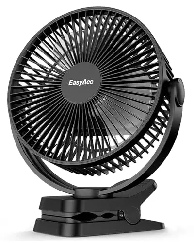 EasyAcc 8-inch black clip-on fan with digital display mounted on a bed frame.