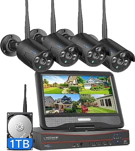 HISEEU wireless security system with 10.1-inch monitor and 4 cameras