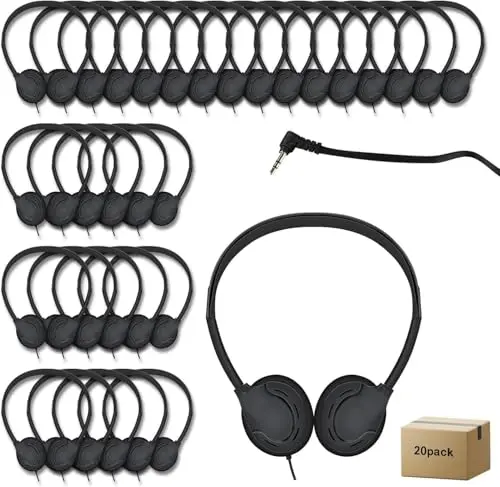 WAHUWAY 20 pack of basic black on-ear headphones for classrooms