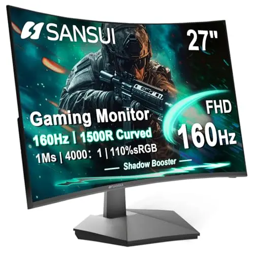 SANSUI 27-inch curved gaming monitor on a desk