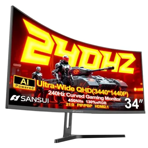 SANSUI 34-inch ultrawide curved gaming monitor on a desk setup