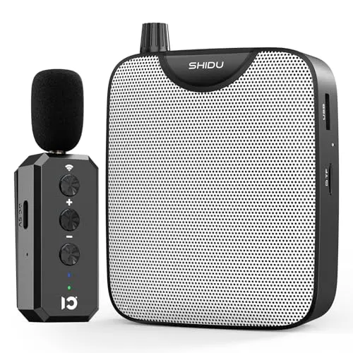 SHIDU M500 black voice amplifier with a small clip-on lavalier microphone.