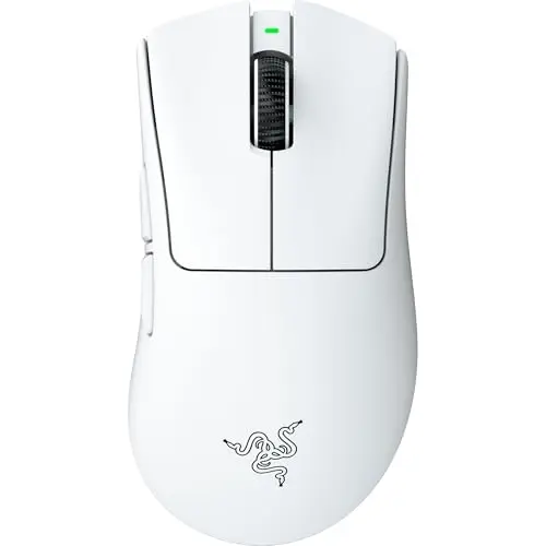 Razer DeathAdder V4 Pro white wireless gaming mouse on a mousepad