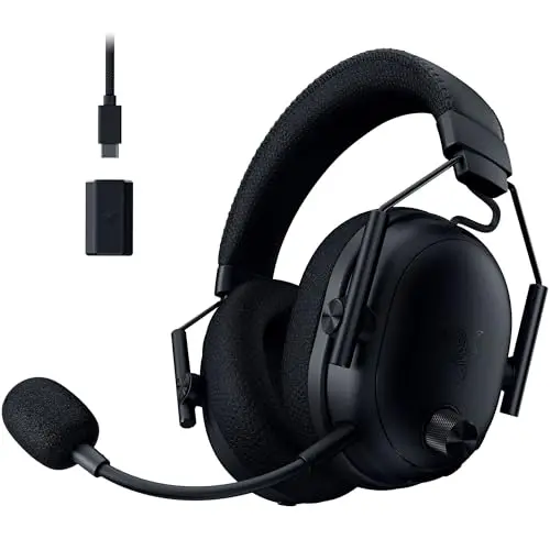 Razer BlackShark V3 Pro wireless gaming headset with ANC, in black with swiveling ear cups.