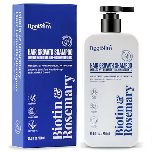 RootStim Biotin & Rosemary Hair Growth Shampoo bottle with natural ingredients