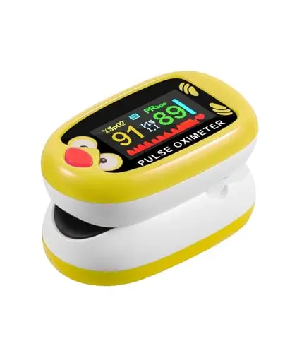Yohcuro yellow cartoon-designed USB-C rechargeable pulse oximeter on a child's finger