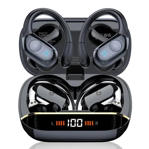 Qecnato T12 wireless earbuds with earhooks and charging case showing LED display