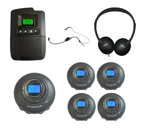 Enersound portable interpretation system in a carry case with over-the-ear headphones.