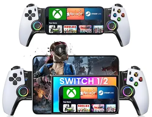 KICKDOT wireless phone controller with RGB lighting, attached to a tablet.
