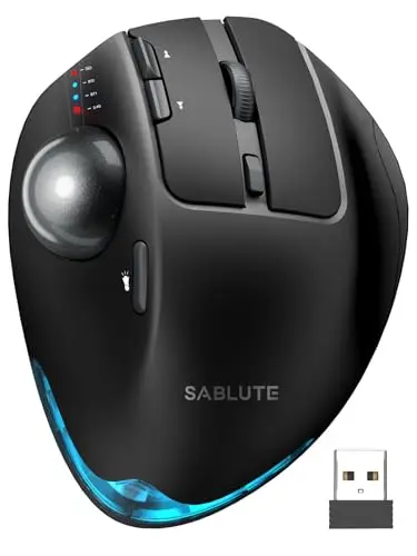 SABLUTE gray ergonomic trackball mouse with adjustable angle and glowing LED strip.