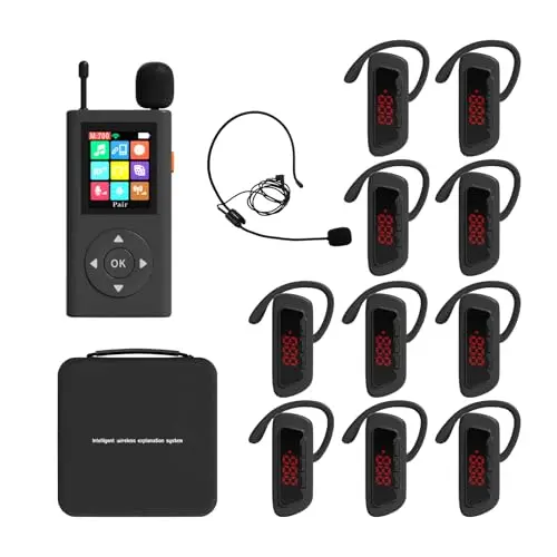 PANDAAR wireless tour guide microphone system with transmitter and multiple headset receivers on a table.