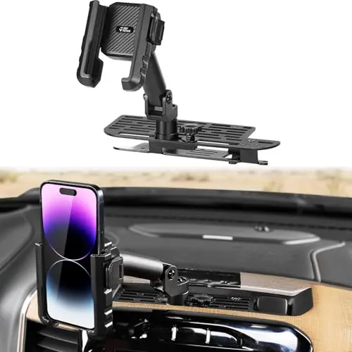 JOYTUTUS metal dash mount with slide rail installed in a Ram 1500, showing access to 12V outlet.