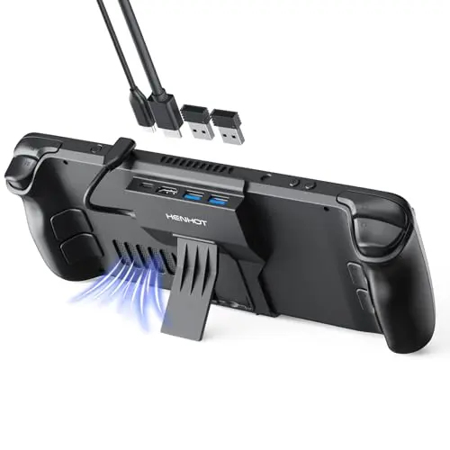 HenHot 4-in-1 Steam Deck dock in black, featuring a built-in foldable kickstand.