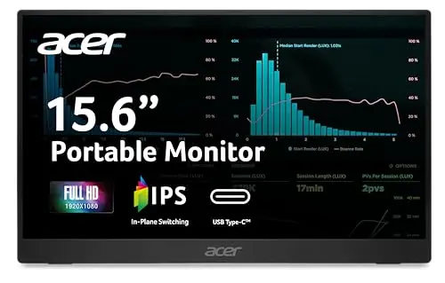 Acer PM161Q slim portable monitor standing next to a Mac Mini