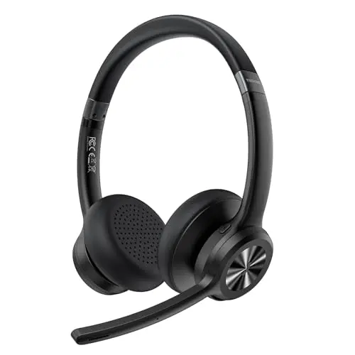 Tecknet black wireless headset with a rotating microphone on a desk