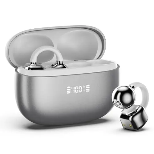 PAXA Clipbuds7 silver clip-on open-ear earbuds with LED display case