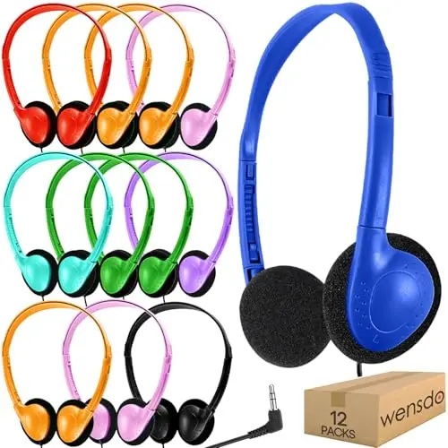 Wensdo HY857 12-pack of multi-colored on-ear wired headphones for classroom use.