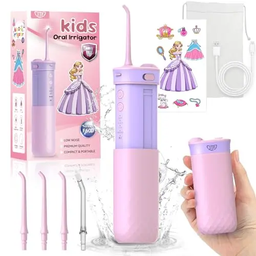 JTF kids water flosser in a folded compact position next to its travel bag.