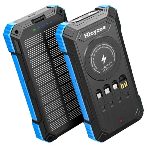 Hicyzoe blue solar power bank with large solar panel and built-in cables