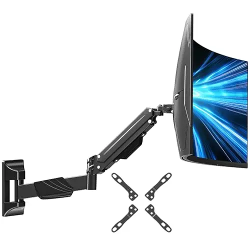 MOUNTUP wall mount arm holding a curved widescreen monitor