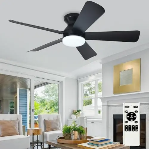 Depuley 42-inch black low profile ceiling fan with light and remote control.