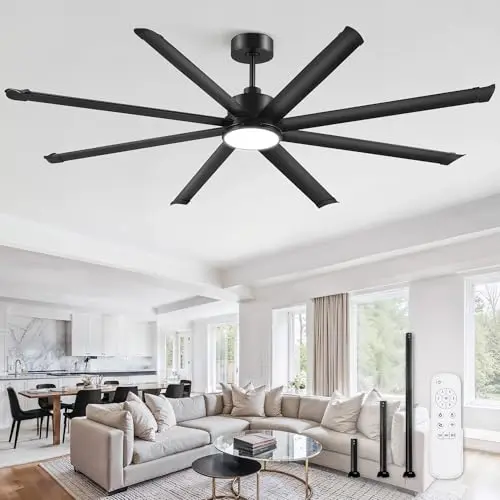 ZMISHIBO 84-inch black industrial ceiling fan with LED light and 8 aluminum blades