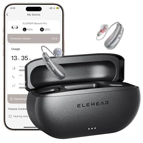 ELEHEAR-Beyond Pro rechargeable hearing aids in dark silver with a compact charging case.