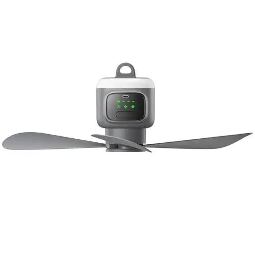 VVU&CCO gray portable ceiling fan with light, shown hanging