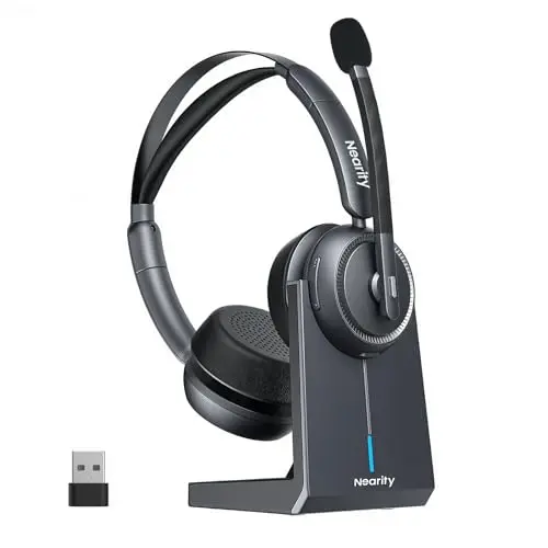 NEARITY EP320 wireless over-ear headset with charging stand and dongle storage