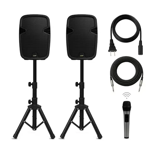 Bowens portable PA speaker set including two speakers, stands, and a wireless microphone