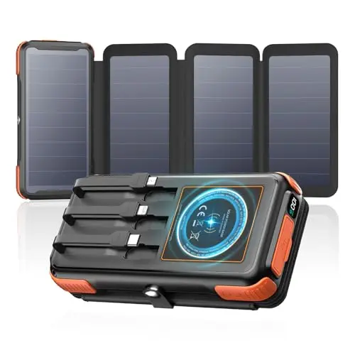 Orange Tranmix solar power bank with four solar panels.