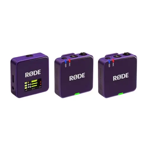 Rode Wireless GO Gen 3 compact wireless microphone system with purple transmitters and receiver.