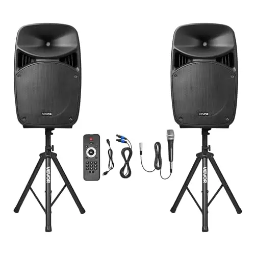 VEVOR portable PA system with two speakers on adjustable stands and a mixer