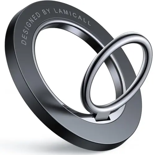 Slim Misty Black Lamicall magnetic ring holder on an iPhone