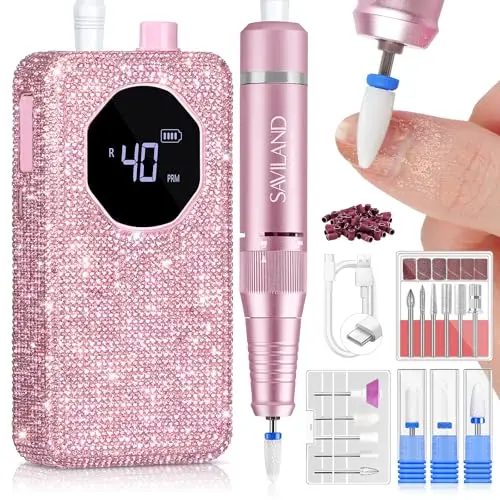 SAVILAND Professional Nail Drill 40000 RPM with ceramic bits and pink diamond design